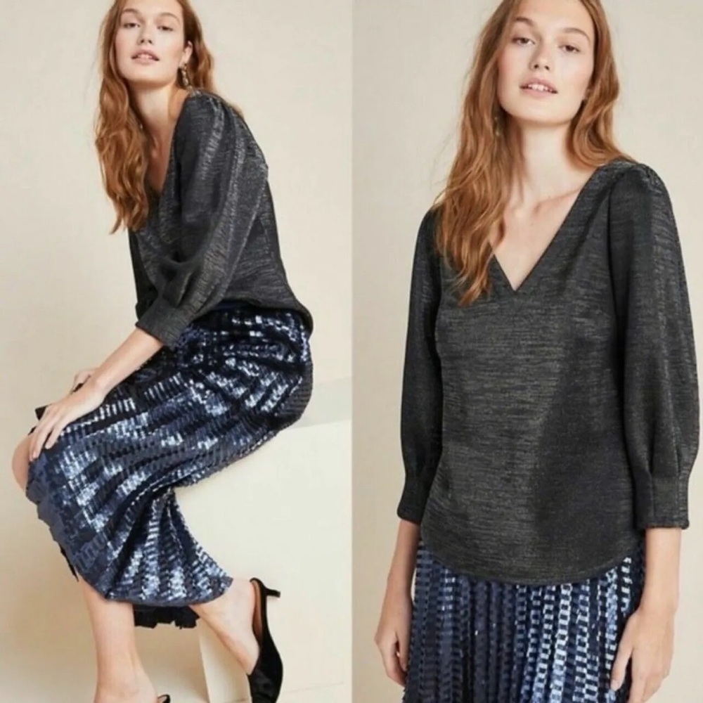 Anthropologie RO&DE Cassidy Metallic Shimmer Blouse, Black Noir, Size S